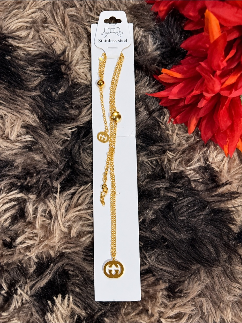 Gold Stainless Steel Double-Layer Necklace with Round Logo Pendant